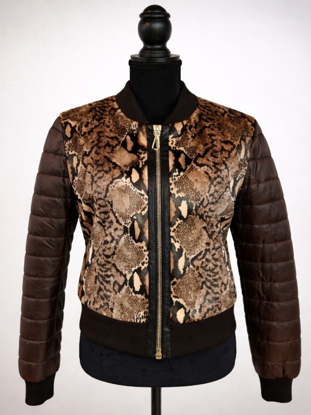 Women's Brown Snake-Print Quilted Bomber Jacket